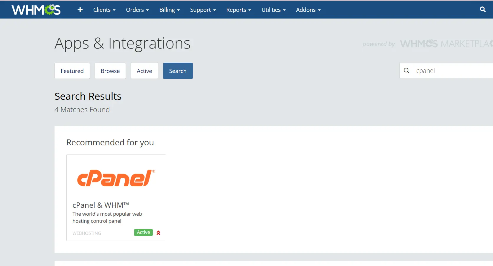 How To Link Your Reseller Server To Whmcs For Automated Provisioning Image 6 Type cpanel in the search field and select cpanel & whm