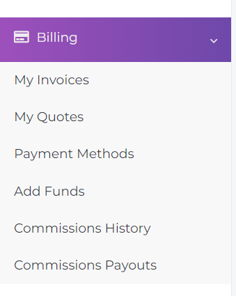 Billing->Add Funds menu link