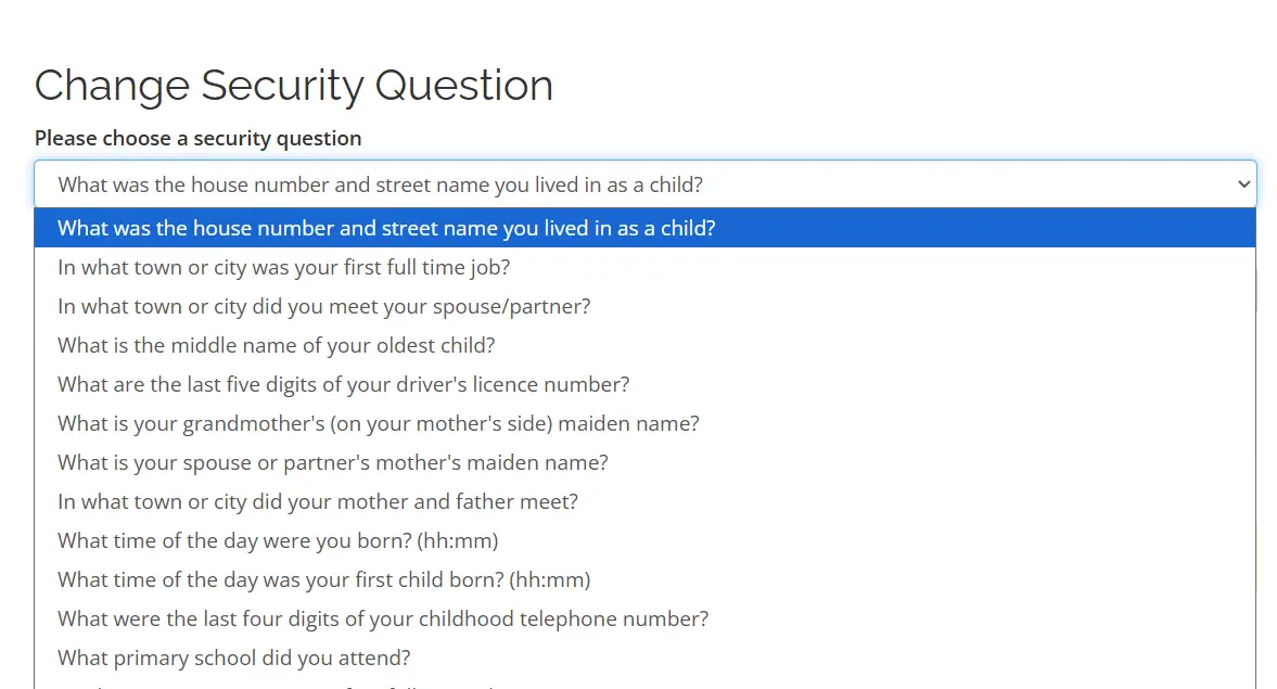 Select Security Question from dropdown menu