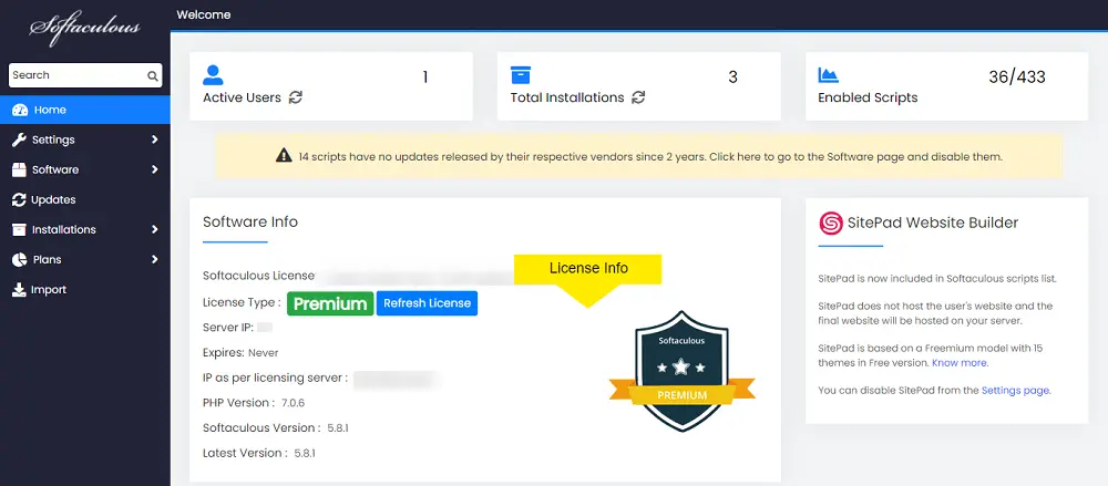 Check Softaculous License Details from Softaculous Plugin