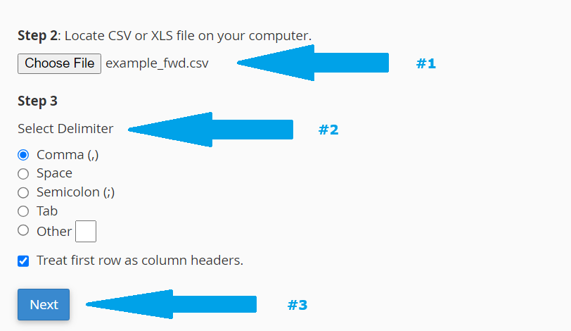 Choose import file, configure delimiter, and click next