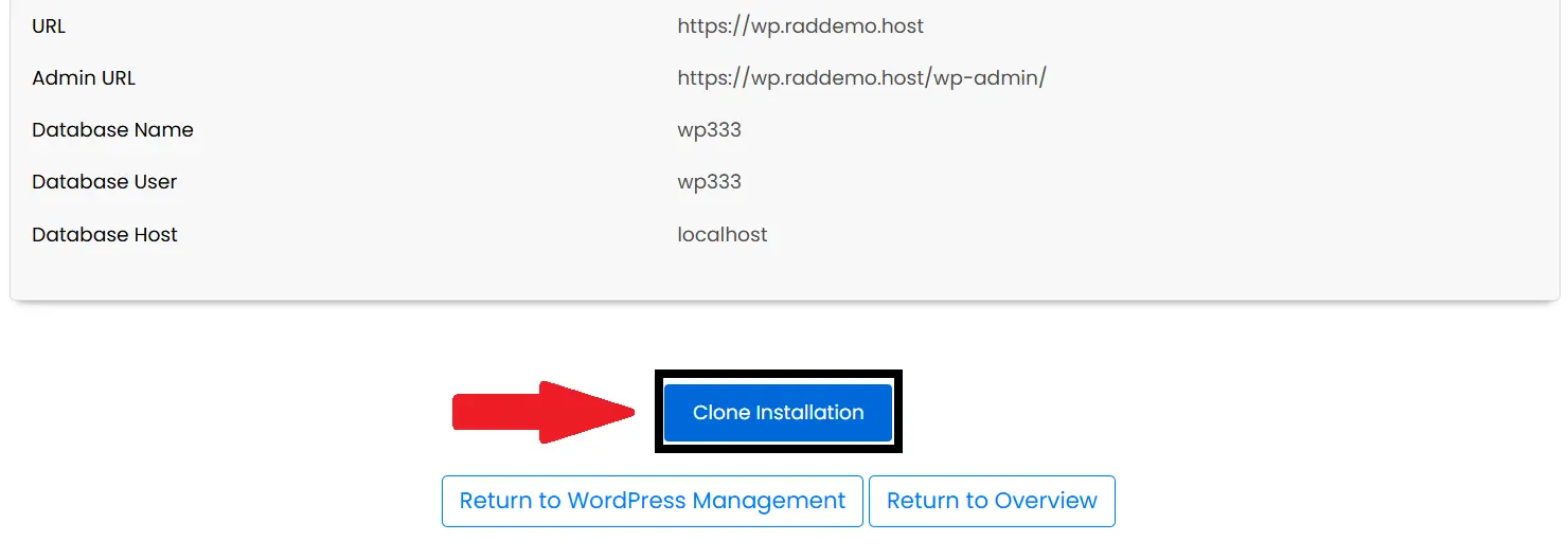 Click Clone Installation to clone WordPress installation