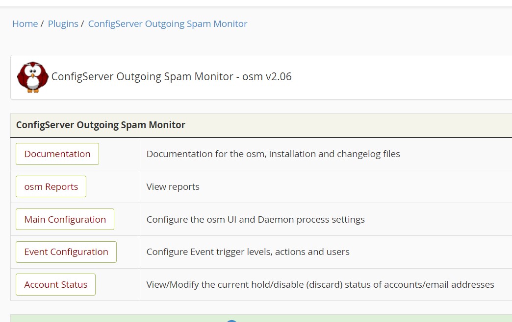 Access Outgoing Spam Monitor via the WHM plugin interface to manage osm