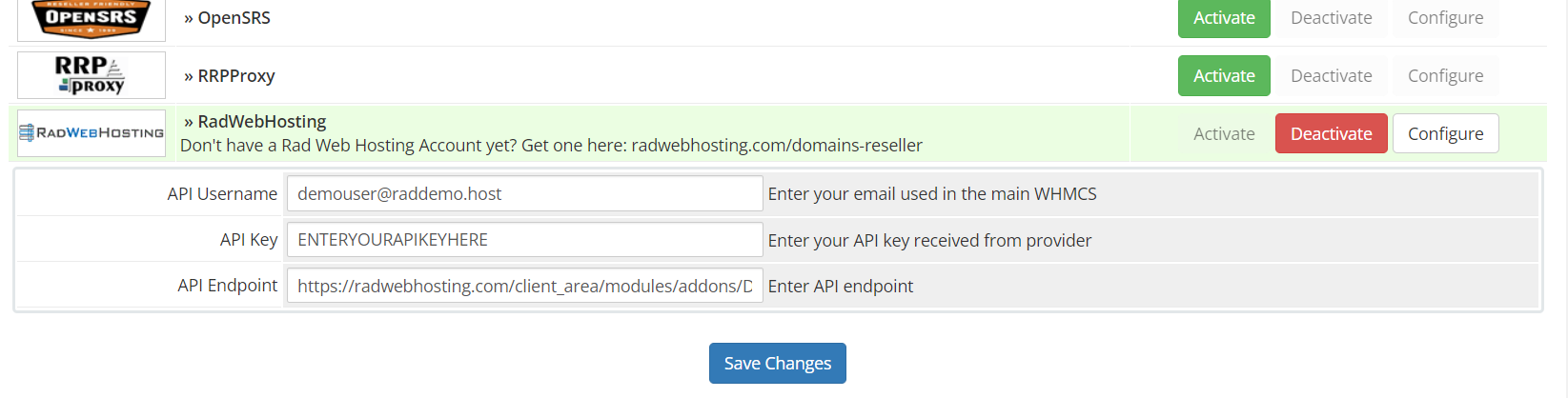 configure Rad Web Hosting WHMCS domain registrar