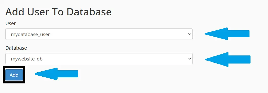Select the user and database, then click 'Add'