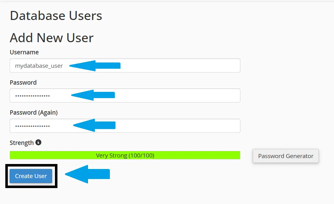 Enter database username and password, confirm password, then click 'Creae User'
