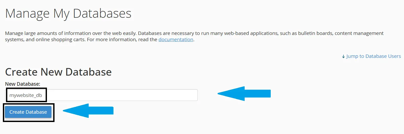 Enter Database Name, then 'Click Create Database'