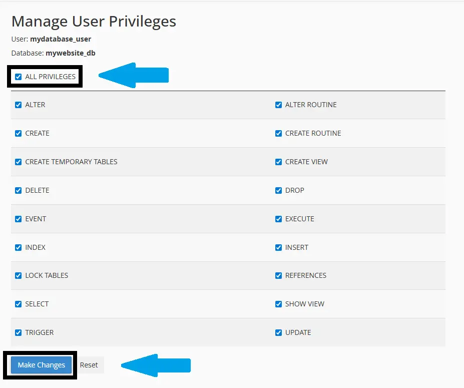 Check privileges, then click 'Make Changes'