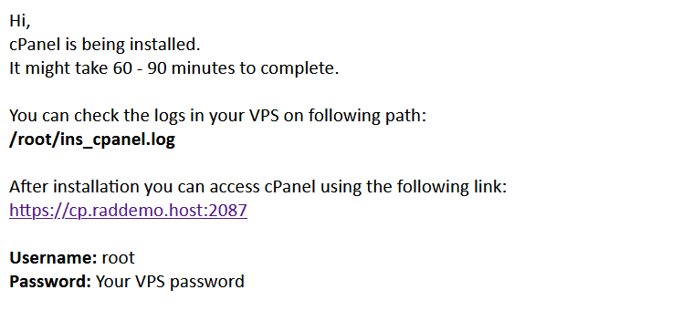 Control panel vps installation email