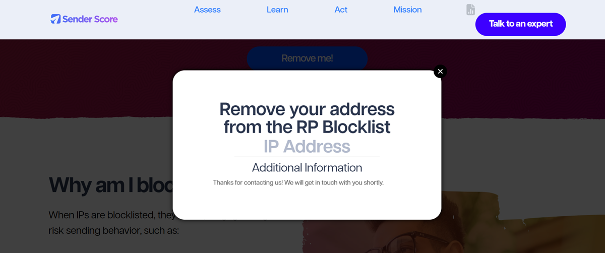 Delist IP address from Sender Score Blacklist success message