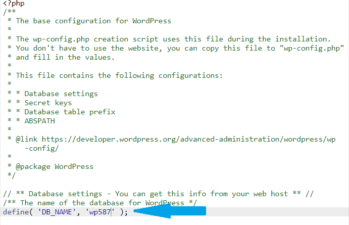 Using the File Manager, edit the wp-config.php file to replace the database name