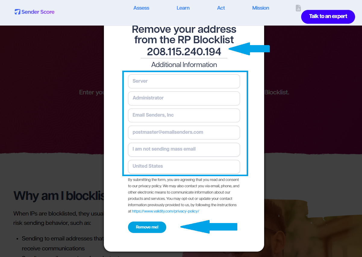 Fill the IP delist form