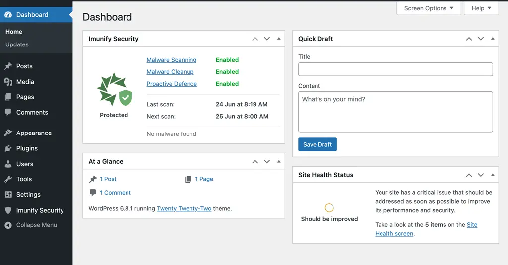 Imunify360 WordPress plugin widget indicating no malware detected