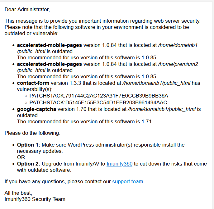 example email alert from ImunifyAV cPanel plugin