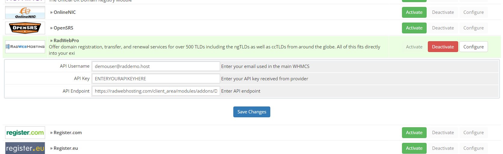 configure Rad Web Hosting WHMCS domain registrar