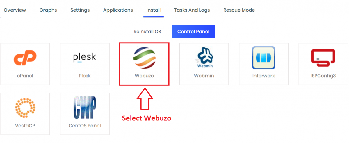select Webuzo from Control Panel menu