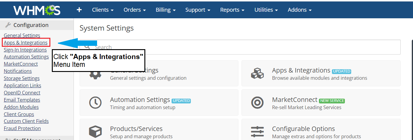 Select 'apps & integrations' from configuration menu items