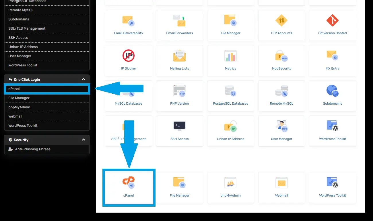Click on either to initiate the Single sign-on directly to your cPanel account