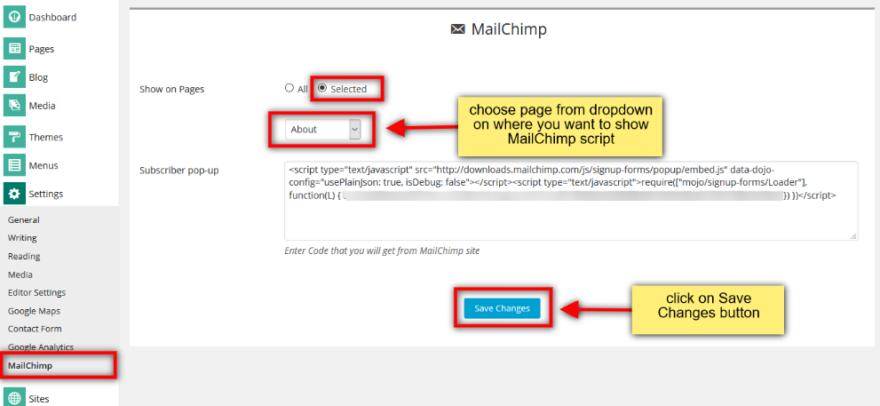 Save Mailchimp integration settings in Cloud Site Builder