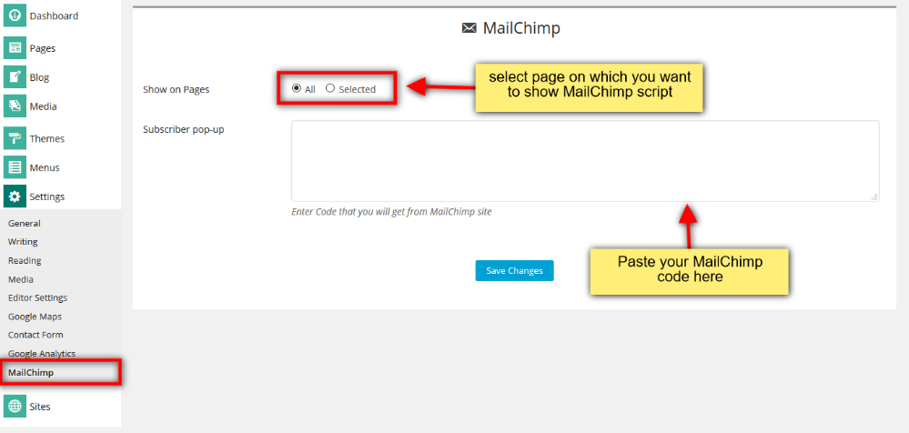 Configure Mailchimp settings in Cloud Site Builder