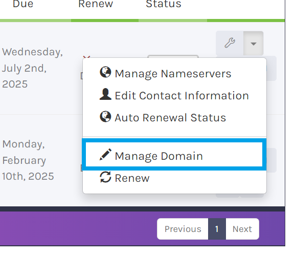 Choose Manage Domain