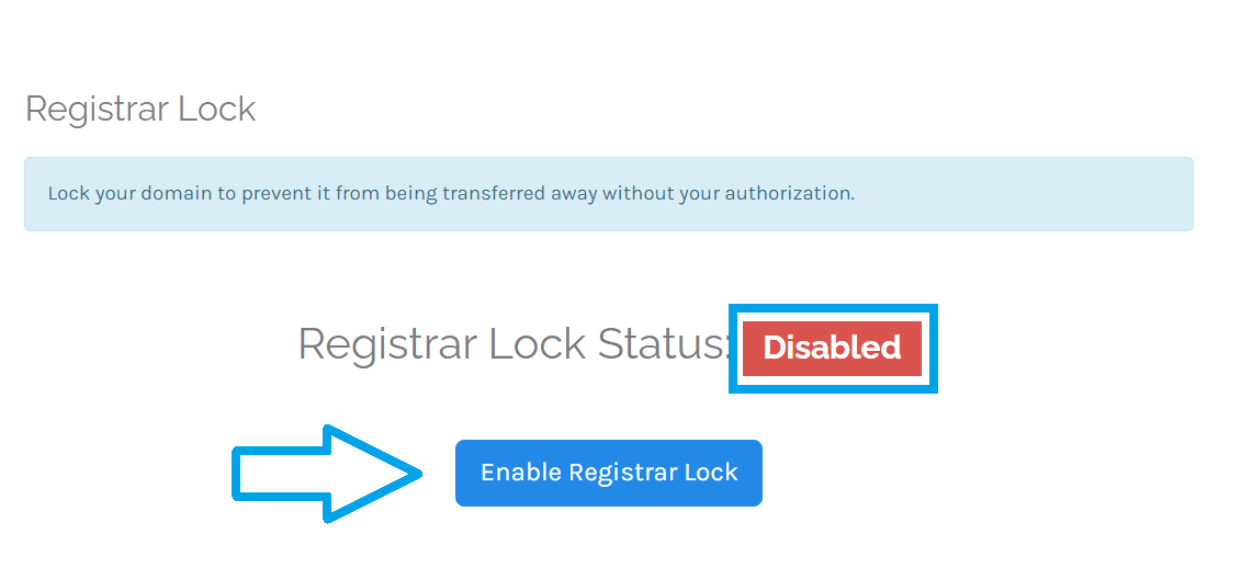 To enable the Domain Transfer Lock service, click Enable Registrar Lock button