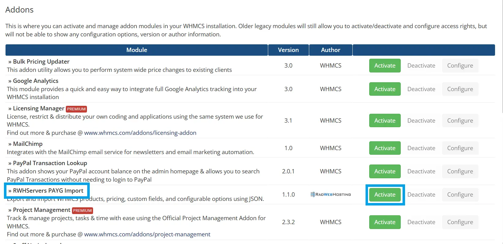 Activate RWHServers PAYG Import Module