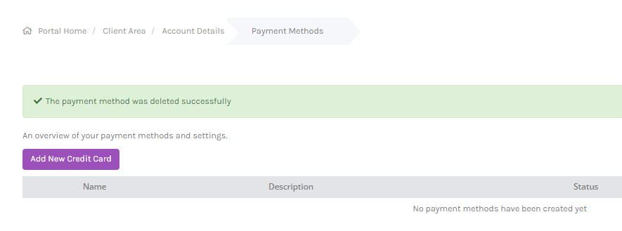 Credit card deleted successfully
