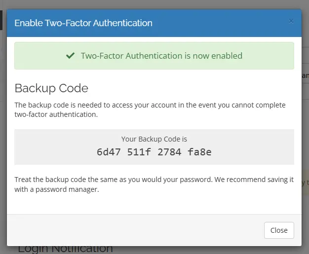 Save two-factor authentication backup code