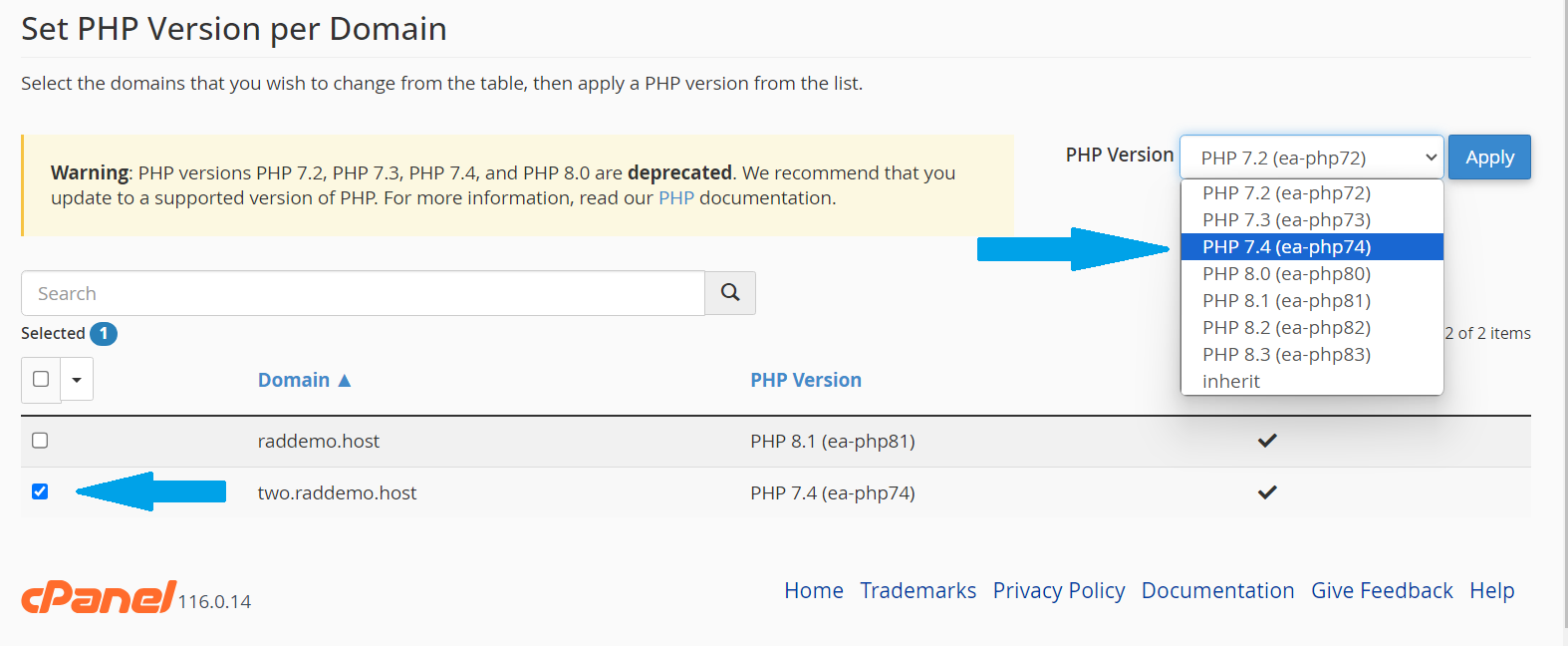 Select the domain and PHP version to modify