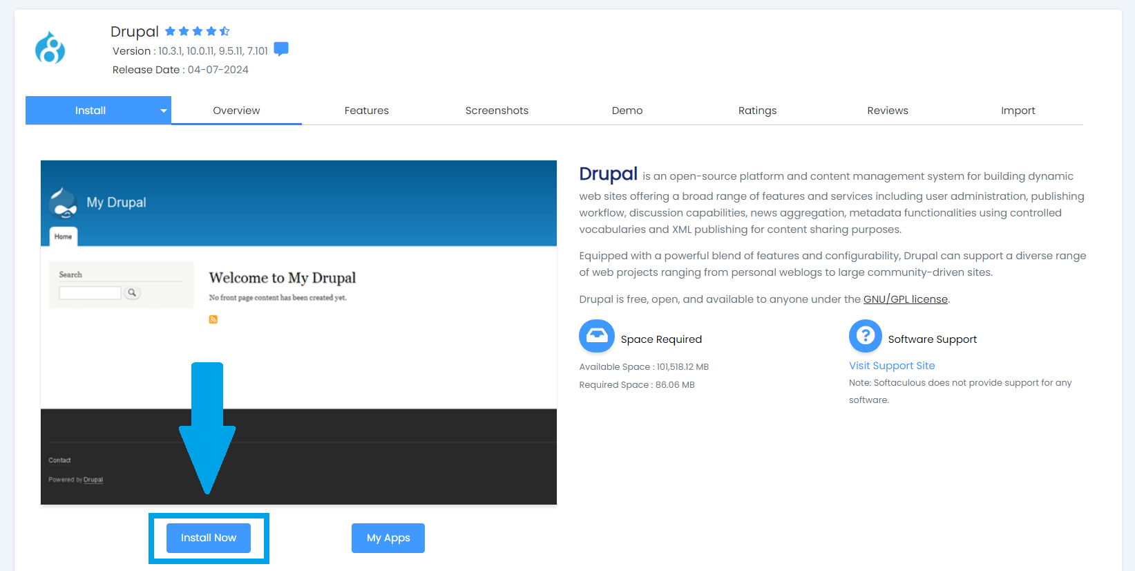 Click Install Now to configure Drupal installation