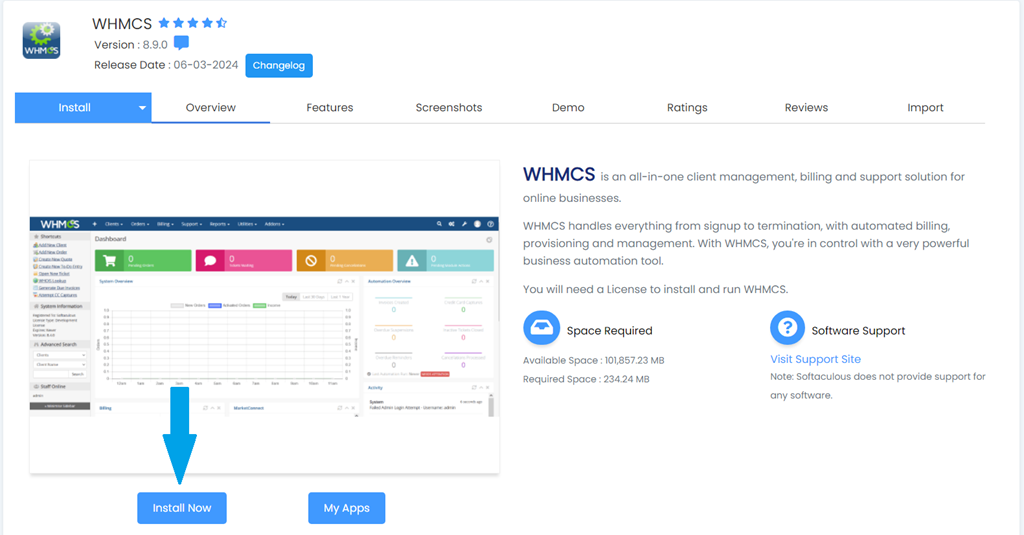 Click Install Now to begin configuring the WHMCS installation