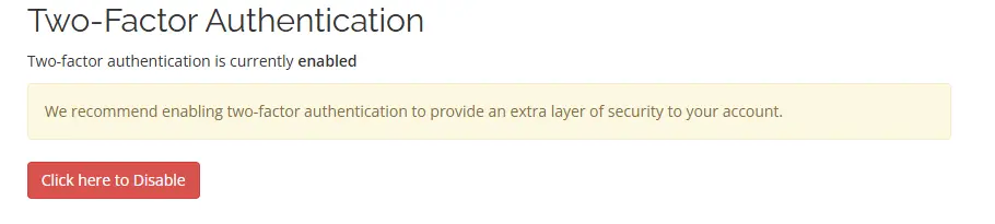 Click to disable 2-FA Security on Hosting acocunt
