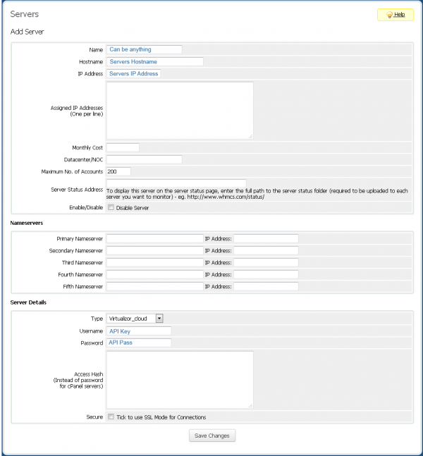 Configure server in whmcs - advanced mode