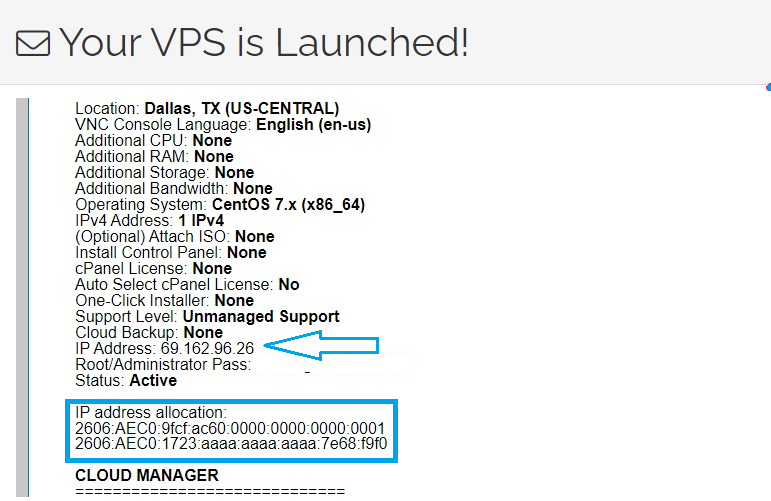 viewing IP addresses in VPS Welcome Email