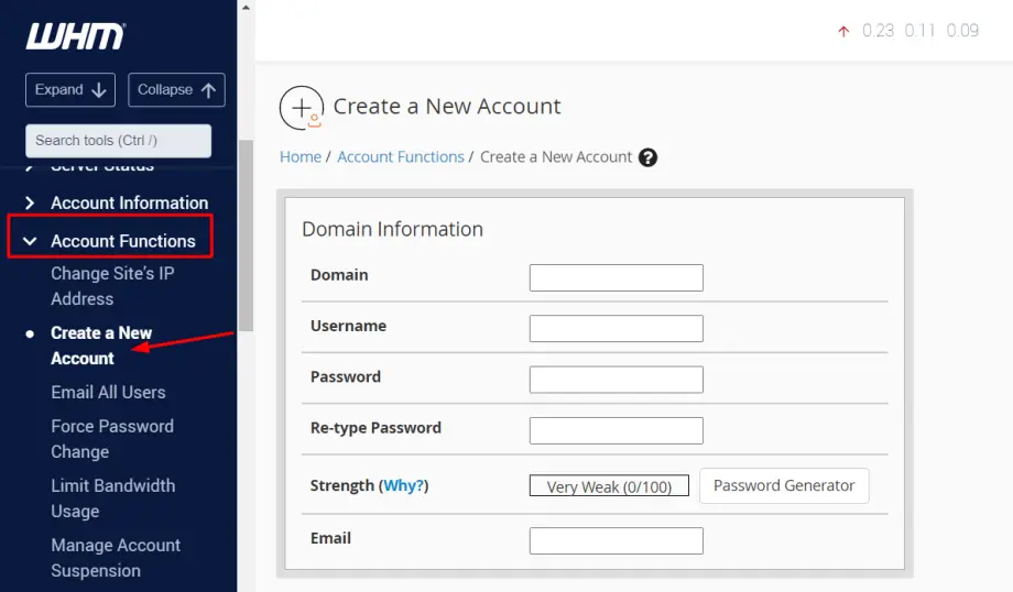 WHM Account Creation Interface