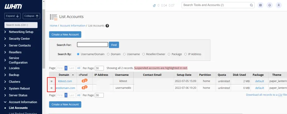 WHM - List cPanel accounts