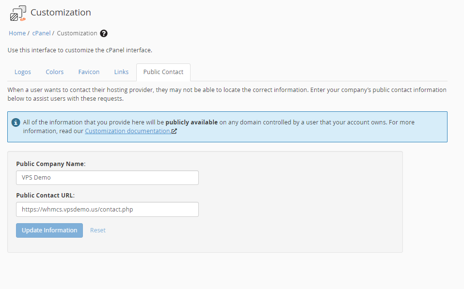 Update Public Contact information to be visible to cPanel account owners