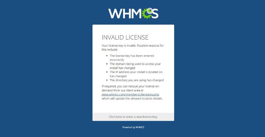 Screen image of WHMCS License Error