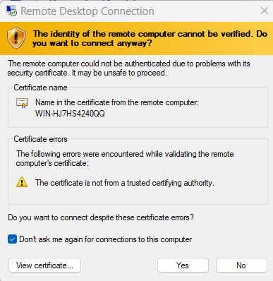Accept certificate warning to continue